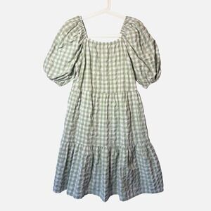 F&F Green White Gingham Tiered Dress Puff Sleeve Square Neck Cotton US 8 UK 12